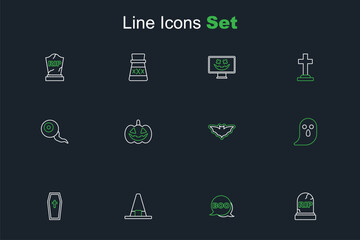 Set line Tombstone with RIP written, Boo speech bubble, Witch hat, Coffin christian cross, Ghost, Flying bat, Pumpkin and Eye icon. Vector