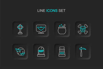 Set line Scythe, Bottle with potion, Tombstone RIP written, Moon and stars, Skull crossbones, Halloween witch cauldron, Flying bat and icon. Vector