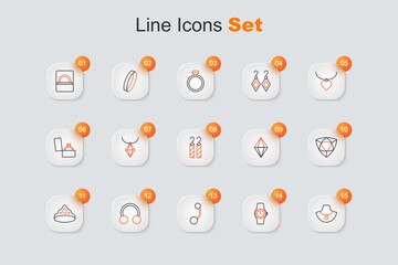 Set line Necklace on mannequin, Wrist watch, Piercing, King crown, Diamond, Gem stone and Earrings icon. Vector