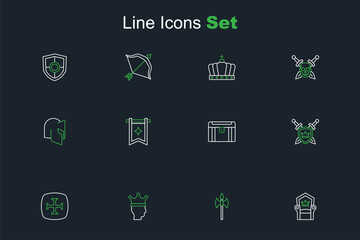 Set line Medieval throne, axe, King crown, Crusade, Shield with swords, Antique treasure chest, flag and helmet icon. Vector