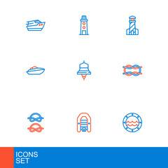 Set line Ship porthole, Inflatable boat with motor, Nautical rope knots, Speedboat, bell, Lighthouse and icon. Vector