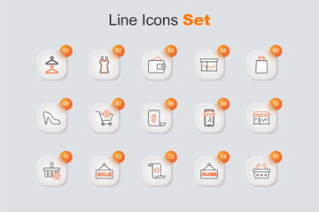 Set line Shopping basket, Hanging sign with text Closed, Paper check and financial check, Sale, Add to, Market store, Online shopping on phone and icon. Vector