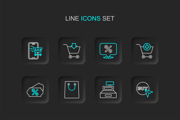 Set line Buy button, Cash register machine, Paper shopping bag, Discount percent tag, Add Shopping cart, and Mobile with icon. Vector
