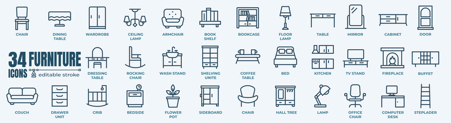 Furniture and home interior elements - thin line web icon set. Outline icons of kitchen, living...