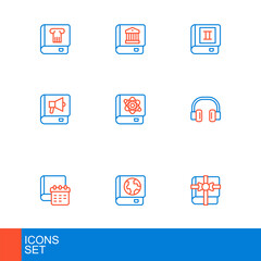 Set line Book as a gift, Earth globe and book, Daily paper notepad, Headphones, about physics, and Law icon. Vector