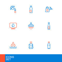 Set line Bottle of water, Big bottle with clean, Water drop, location, Shower, Watering can and icon. Vector