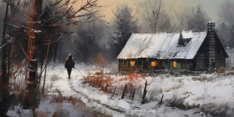 Winter landscape with snow storm and a man walking to the wooden house, illustration painting