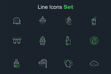 Set line Cloud with rain, Water drop, Shower, Big bottle clean water, forbidden, Bottle of glass, Fire hydrant and filter cartridge icon. Vector