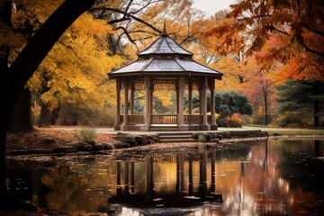  Calm waters mirror a charming gazebo, encircled by the fiery palette of autumn trees in a tranquil park setting.
