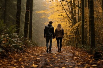 Young couple walk in autumn park, couple walks hand in hand through a forest blanketed with autumn leaves, the golden foliage providing a warm and romantic ambiance.
