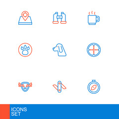 Set line Compass, Swiss army knife, Deer antlers on shield, Sniper optical sight, Paw search, Hunting dog, Coffee cup and Binoculars icon. Vector