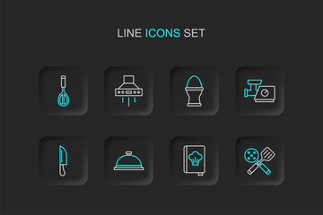 Fototapeta premium Set line Spatula, Cookbook, Covered with tray of food, Knife, Kitchen meat grinder, Chicken egg on stand, extractor fan and whisk icon. Vector