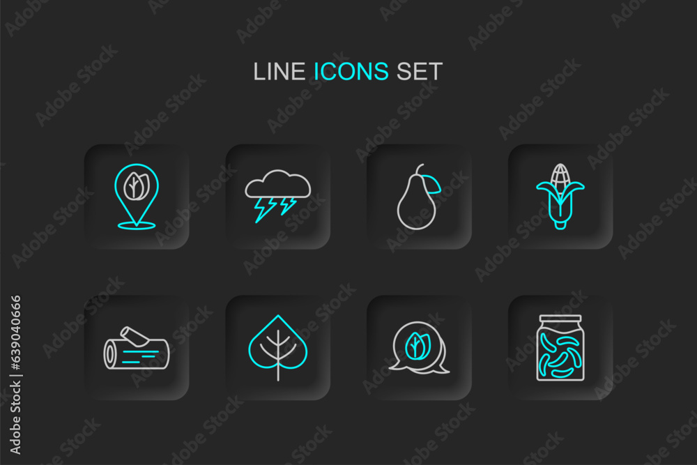 Poster set line pickled cucumbers in a jar, leaf, wooden log, corn, pear, cloud and lightning and location 
