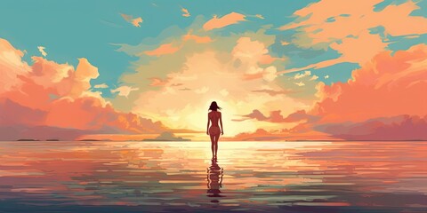Woman standing on the sea looking at the summer sky, illustration
