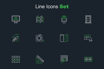 Set line Electrical outlet, Brick wall with trowel, Triangular ruler and pencil, Bricks, Water tap, Wallpaper, Roulette construction and House icon. Vector
