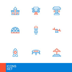 Set line Sandbox with sand, Jumping trampoline, Rocket ship toy, Seesaw, Playground climbing equipment, Hopscotch, Attraction carousel and Swing icon. Vector