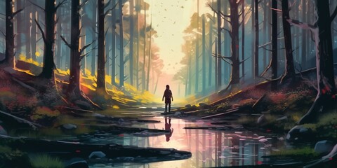 Woman walks on a branch on a stream and looks at the monoliths in the forest, digital art style, illustration painting