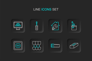 Set line Brick, Hand saw, Roof tile, Electrical outlet, Paint bucket with brush, House wrench spanner, Screwdriver and Worker safety helmet icon. Vector