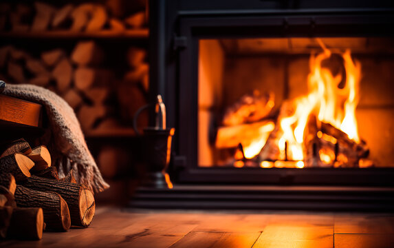close-up of a cozy fireplace in a hut	
