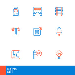 Set line Speed limit traffic sign 100 km, Toilet, Railway map, Train station bell, light, Online ticket booking, barrier and Bridge for train icon. Vector