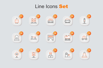 Set line Traffic cone, Turnstile, Train conductor, Railroad crossing, Trolley suitcase, Oil railway cistern and Bridge for train icon. Vector