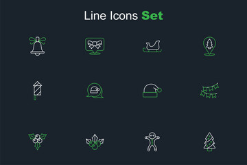 Set line Christmas tree, Holiday gingerbread man cookie, Branch viburnum, Carnival garland with flags, Santa Claus hat, and Firework rocket icon. Vector