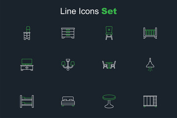 Set line Wardrobe, Round table, Big bed, Bunk, Lamp hanging, Table with chair, Chandelier and TV stand icon. Vector