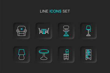 Set line Lamp hanging, Furniture nightstand with lamp, Round table, Table, Floor, Office chair, and Armchair icon. Vector