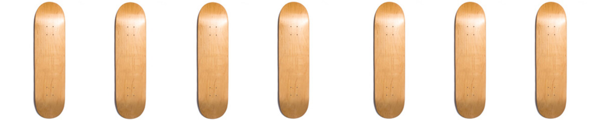 Blank skateboards decks isolated on white background banner. Wooden board banner, skateboarding...