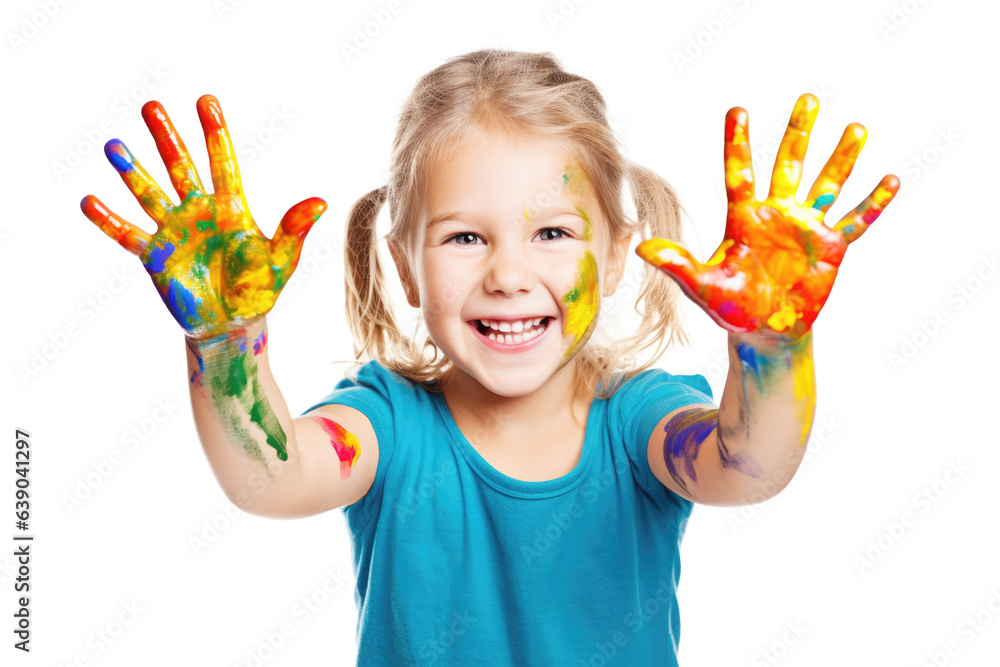 Wall mural smiling little blonde girl with colorful painted hands isolated on white background