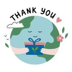 Cute earth planet character with received a gift of a plant. Nature conservation concept. Poster, card, book character