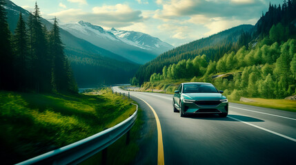  EV (Electric Vehicle) electric car is driving on a winding road that runs through a verdant forest...