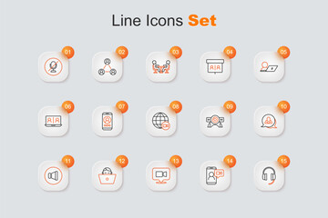 Set line Headphones, Video chat conference, Freelancer, Speaker volume, Speech bubble, Web camera and icon. Vector