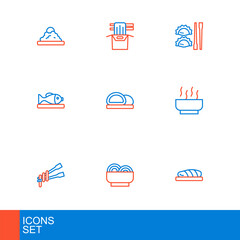 Set line Fish steak, Asian noodles in bowl, Food chopsticks with, Ramen soup, Served fish on plate, Sushi, Dumpling and paper box icon. Vector