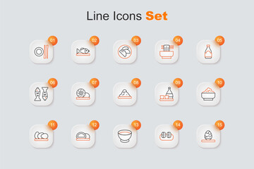 Set line Chinese tea egg, Sushi, Soy sauce bowl, Chicken, Rice, Bottle of sake and icon. Vector