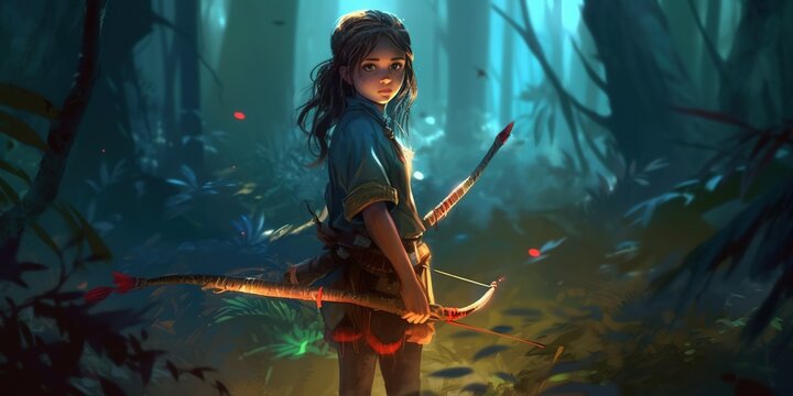 Young hunter in the deep forest. adventure girl holding a bow in the forest, digital art style, illustration