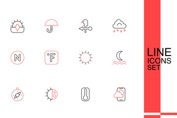 Set line Weather forecast app, Thermometer, Day night cycle, Compass, Night fog smoke, Sun, Fahrenheit and north icon. Vector