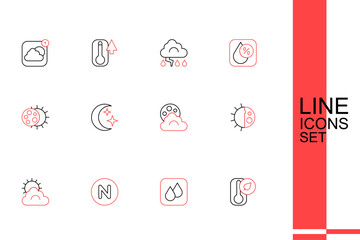 Set line Thermometer, Water drop, Compass north, Sun and cloud weather, Day night cycle, Cloud with moon, Moon stars and Eclipse of sun icon. Vector © Iryna