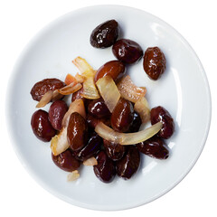 Appetizer is served in round bowl - portion of black buttery olives with stone. Isolated over white background