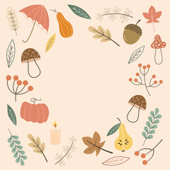 postcard. postcard template. congratulations on the coming of autumn. harvest time. cozy. leaf fall. pumpkin. pear.