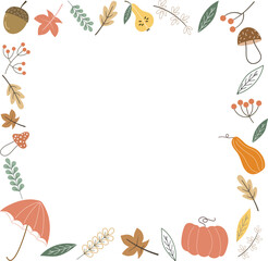 postcard. postcard template. congratulations on the coming of autumn. harvest time. cozy. leaf fall. pumpkin. pear.