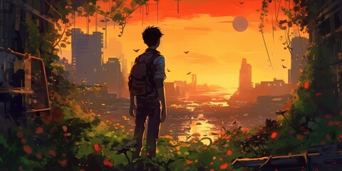 Young man standing in the overgrown city at sunset, digital art style, illustration painting