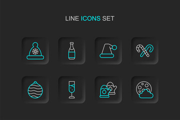 Set line Christmas night, mittens, Glass of champagne, ball, Candy cane with stripes, Santa Claus hat, Champagne bottle and icon. Vector