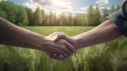 handshake of two men in shirt on the background of a field with tall grass and forest