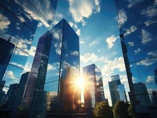 Modern office building with reflections. Modern skyscrapers in business district at sunset. 3d rendering