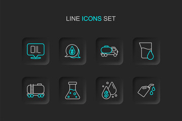 Set line Canister for motor machine oil, Oil drop with dollar symbol, petrol test tube, railway cistern, Tanker truck, and Word icon. Vector