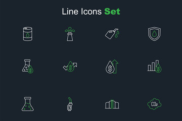 Set line CO2 emissions in cloud, Oil tank storage, Gasoline pump nozzle, petrol test tube, Pie chart and dollar, price increase, and icon. Vector