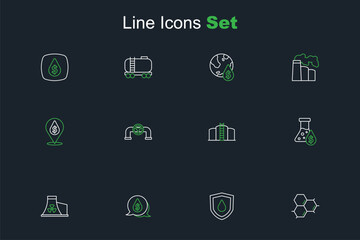 Set line Molecule oil, Oil drop on shield, with dollar symbol, Nuclear power plant, petrol test tube, tank storage, pipe valve and icon. Vector
