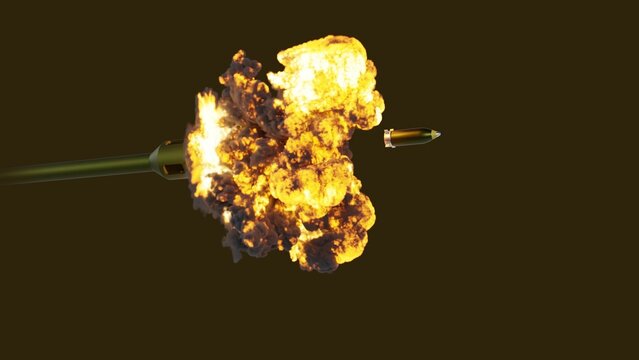 An artillery shell being fired out of a howitzer.