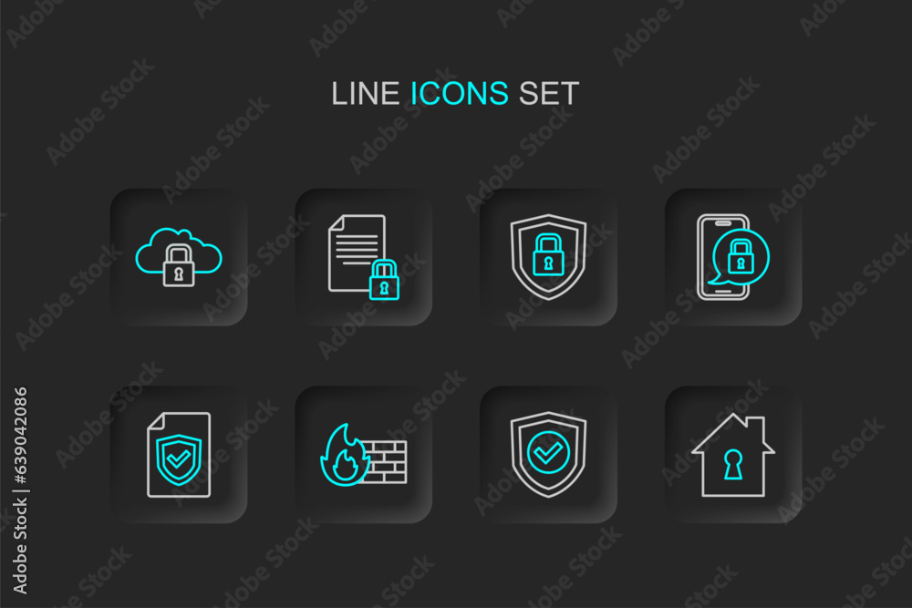 Poster set line house under protection, shield with check mark, firewall, security wall, contract shield, m